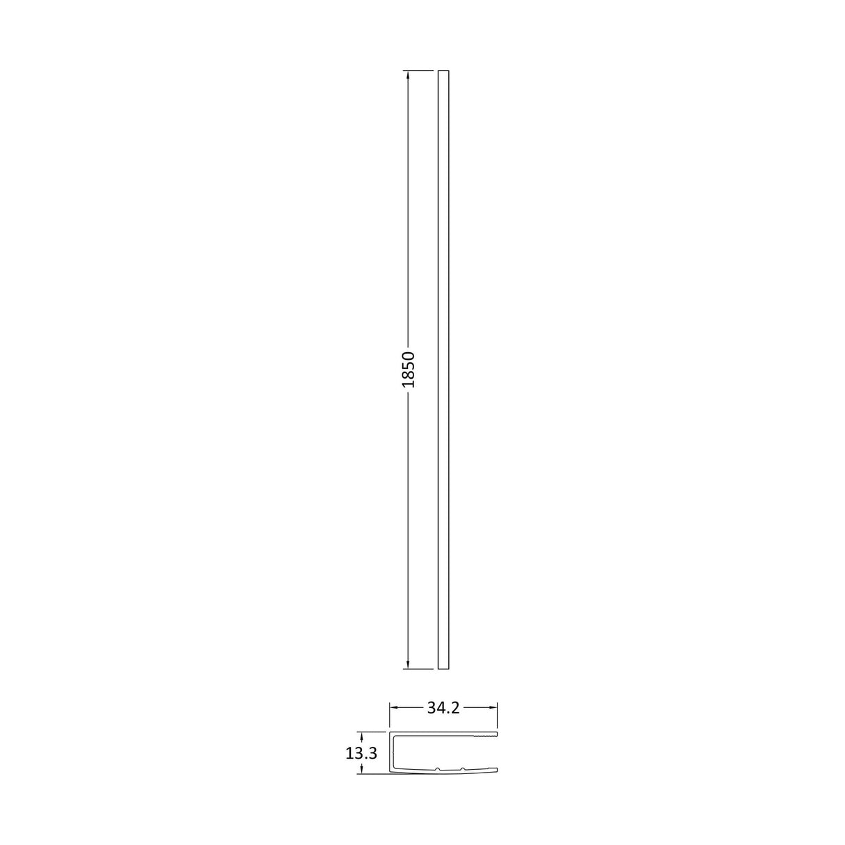 [BEWP013] Wetroom Wall Channel 1850mm Brass - Technical Drawing
