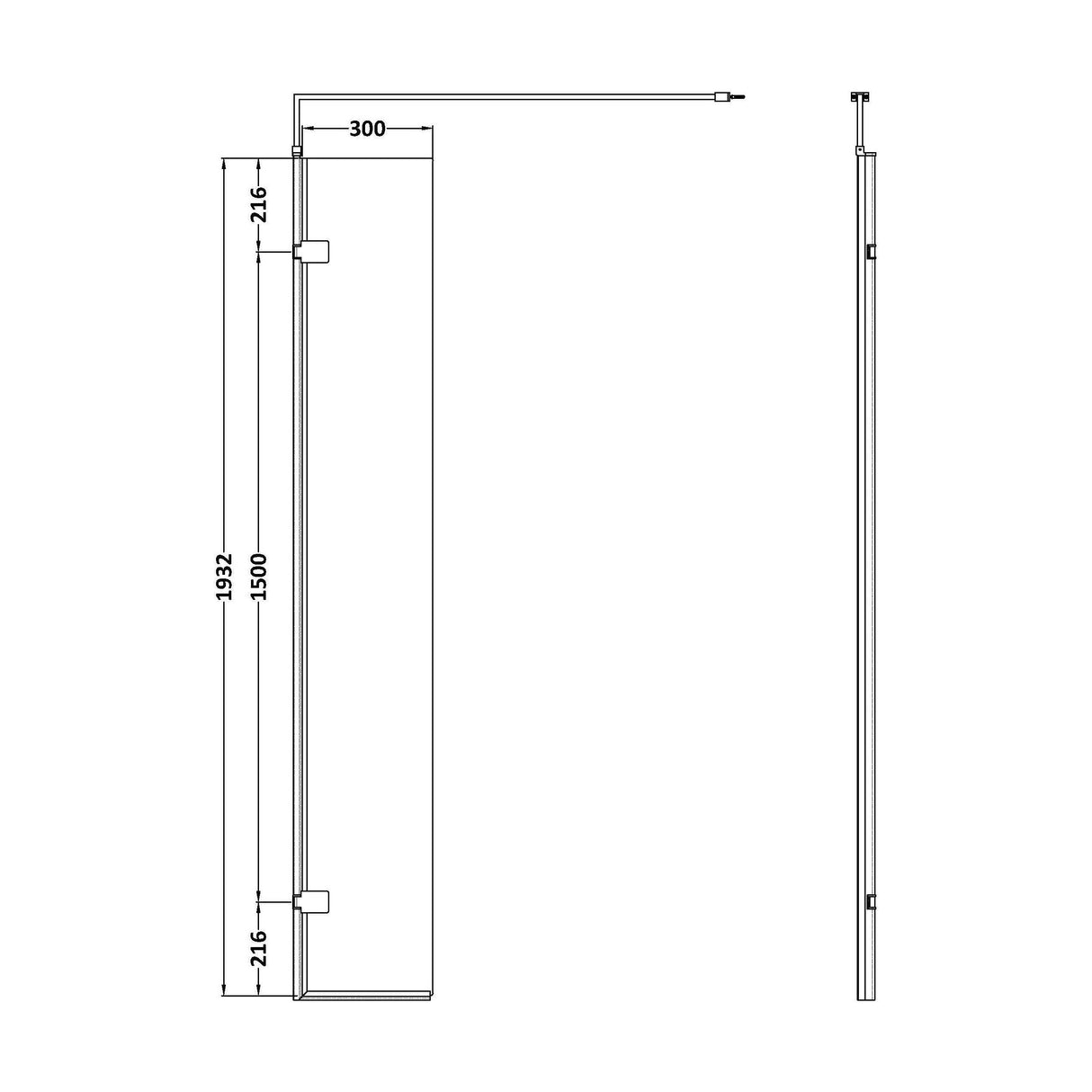 [BEWS030] Balterley Contemporary Bathroom 8mm Glass Wetroom Swing Screen with Support Bar, Chrome Finish, 1950 x 322 x 27mm - Technical Drawing