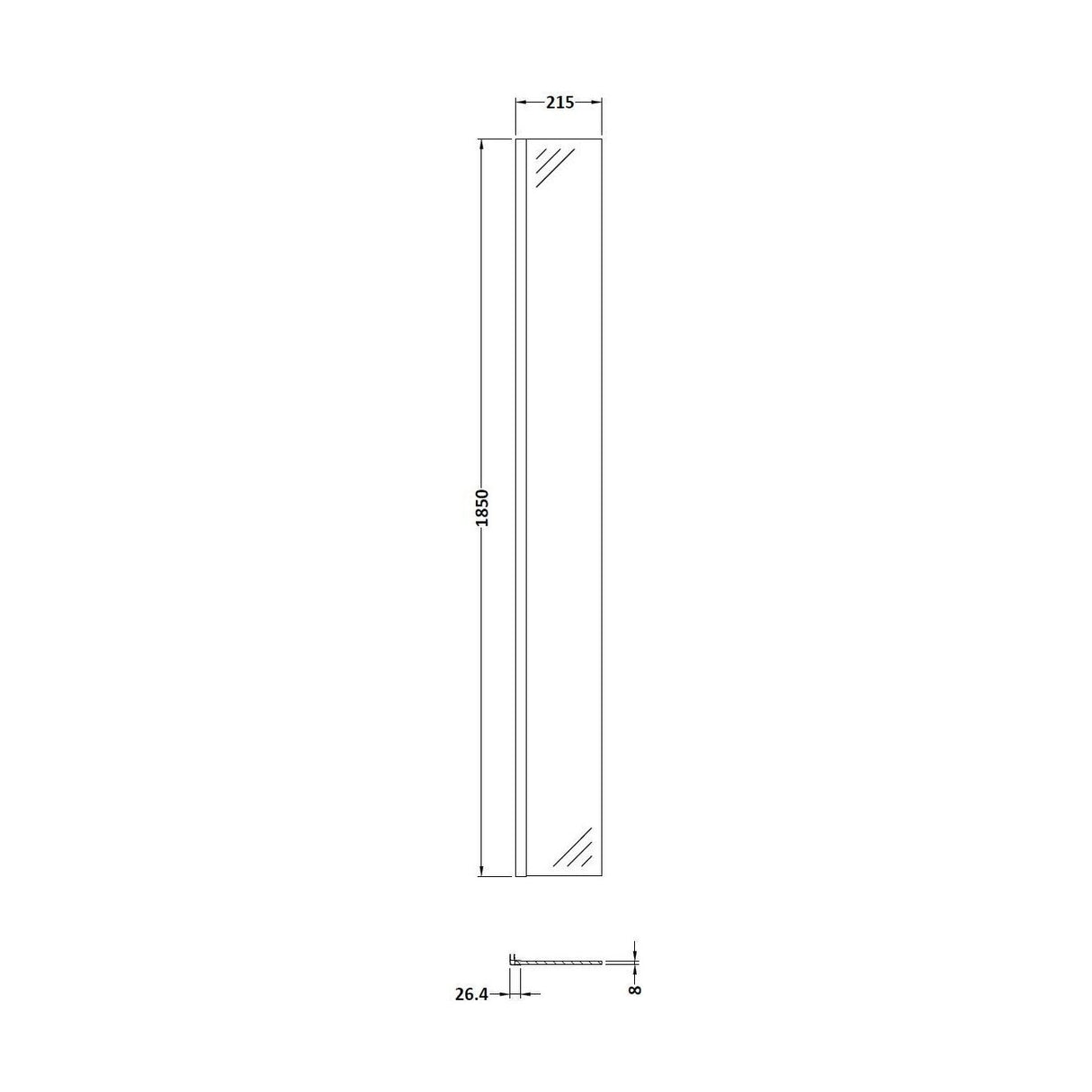 [BEWS18025BB] Balterley 8mm Toughened Safety Glass Wetroom Return Screen: 215mm x 1850mm, Brushed Brass - Technical Drawing