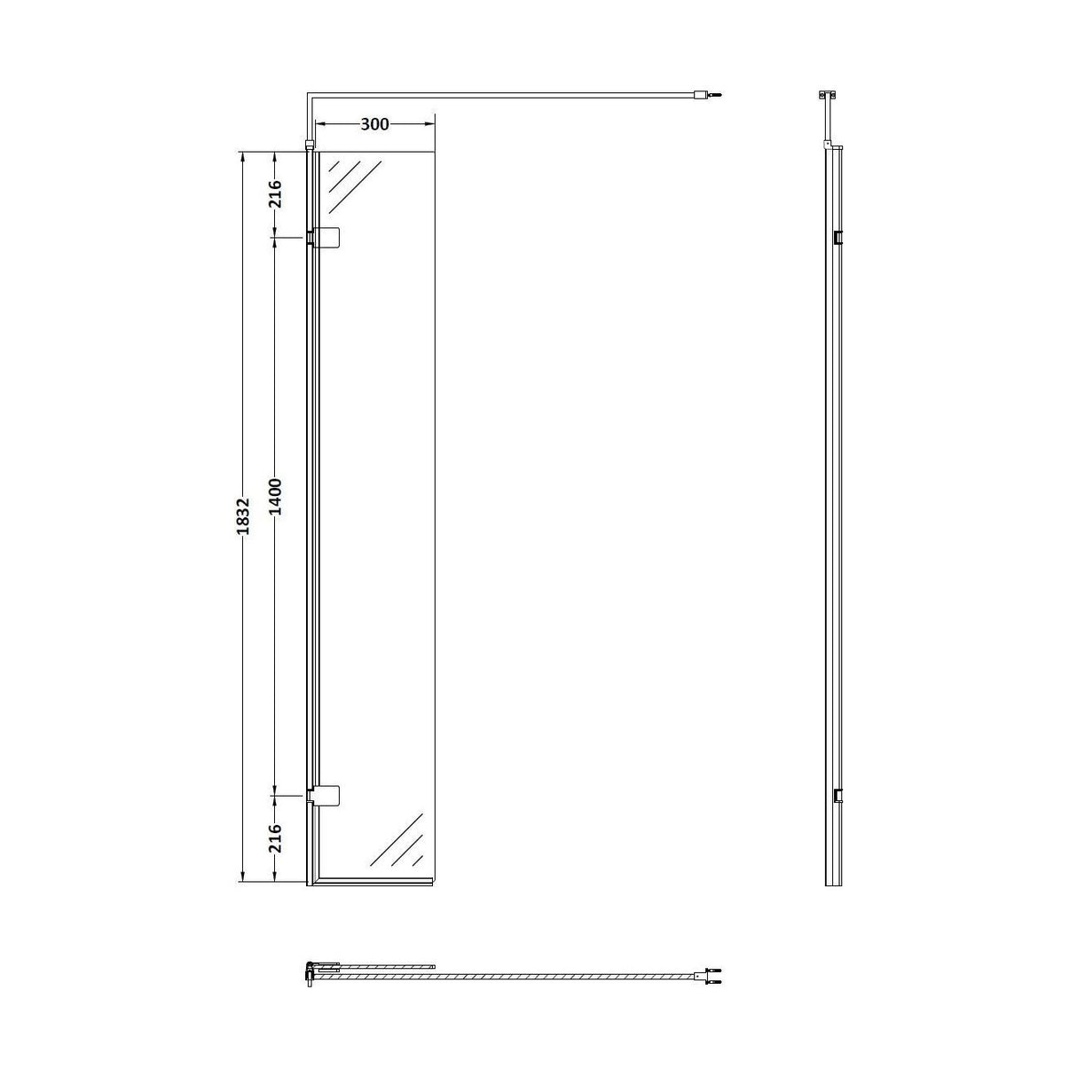 [BEWS18030BB] Balterley 8mm Toughened Safety Glass Hinged Return Screen with Support Bar: 300mm x 1850mm, Brushed Brass - Technical Drawing
