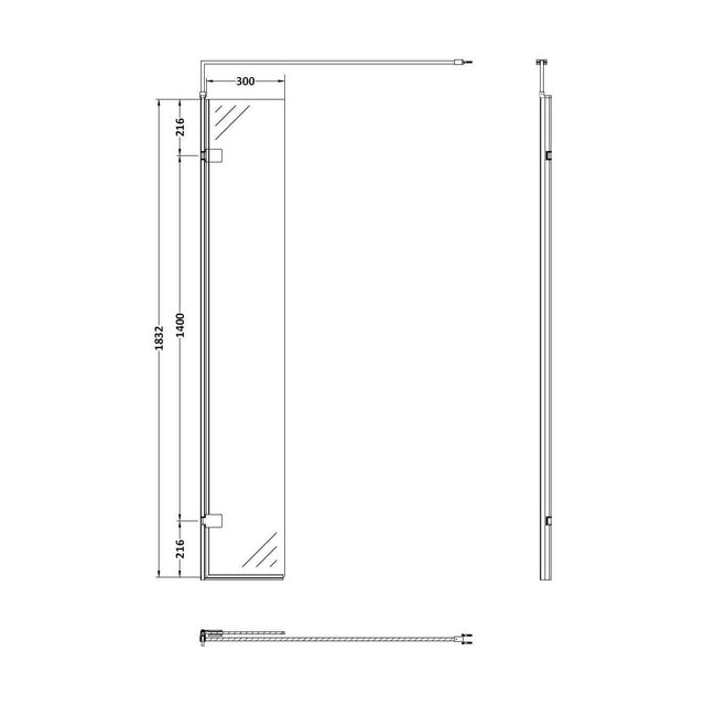 [BEWS18030BB] Balterley 8mm Toughened Safety Glass Hinged Return Screen with Support Bar: 300mm x 1850mm, Brushed Brass - Technical Drawing