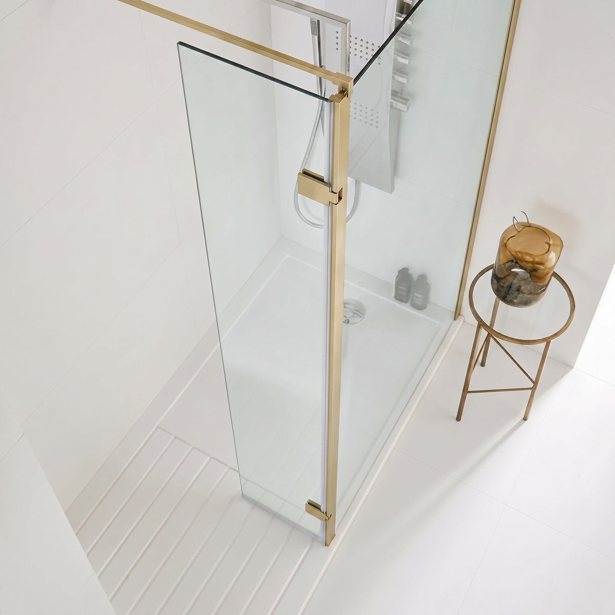 [BEWS18030BB] Balterley 8mm Toughened Safety Glass Hinged Return Screen with Support Bar: 300mm x 1850mm, Brushed Brass - Lifestyle 1
