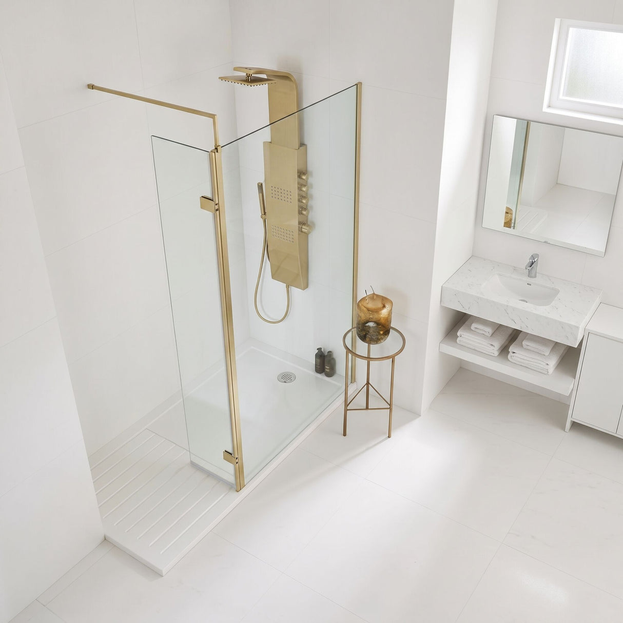 [BEWS18030BB] Balterley 8mm Toughened Safety Glass Hinged Return Screen with Support Bar: 300mm x 1850mm, Brushed Brass - Lifestyle 2