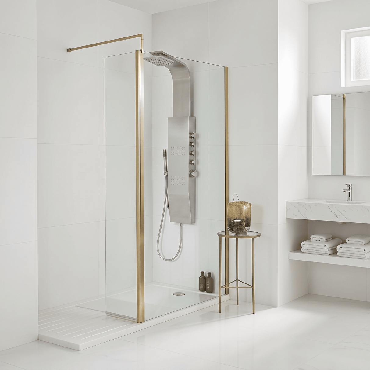 [BEWS18030BB] Balterley 8mm Toughened Safety Glass Hinged Return Screen with Support Bar: 300mm x 1850mm, Brushed Brass - Lifestyle 3
