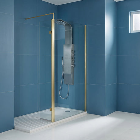 [BEWS18030BB] Balterley 8mm Toughened Safety Glass Hinged Return Screen with Support Bar: 300mm x 1850mm, Brushed Brass - Silo