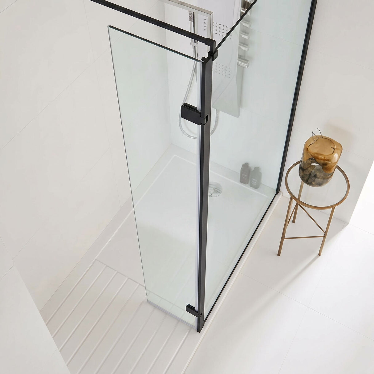 [BEWS18030BP] Balterley 8mm Toughened Safety Glass Hinged Return Screen with Support Bar: 300mm x 1850mm, Black - Lifestyle 1