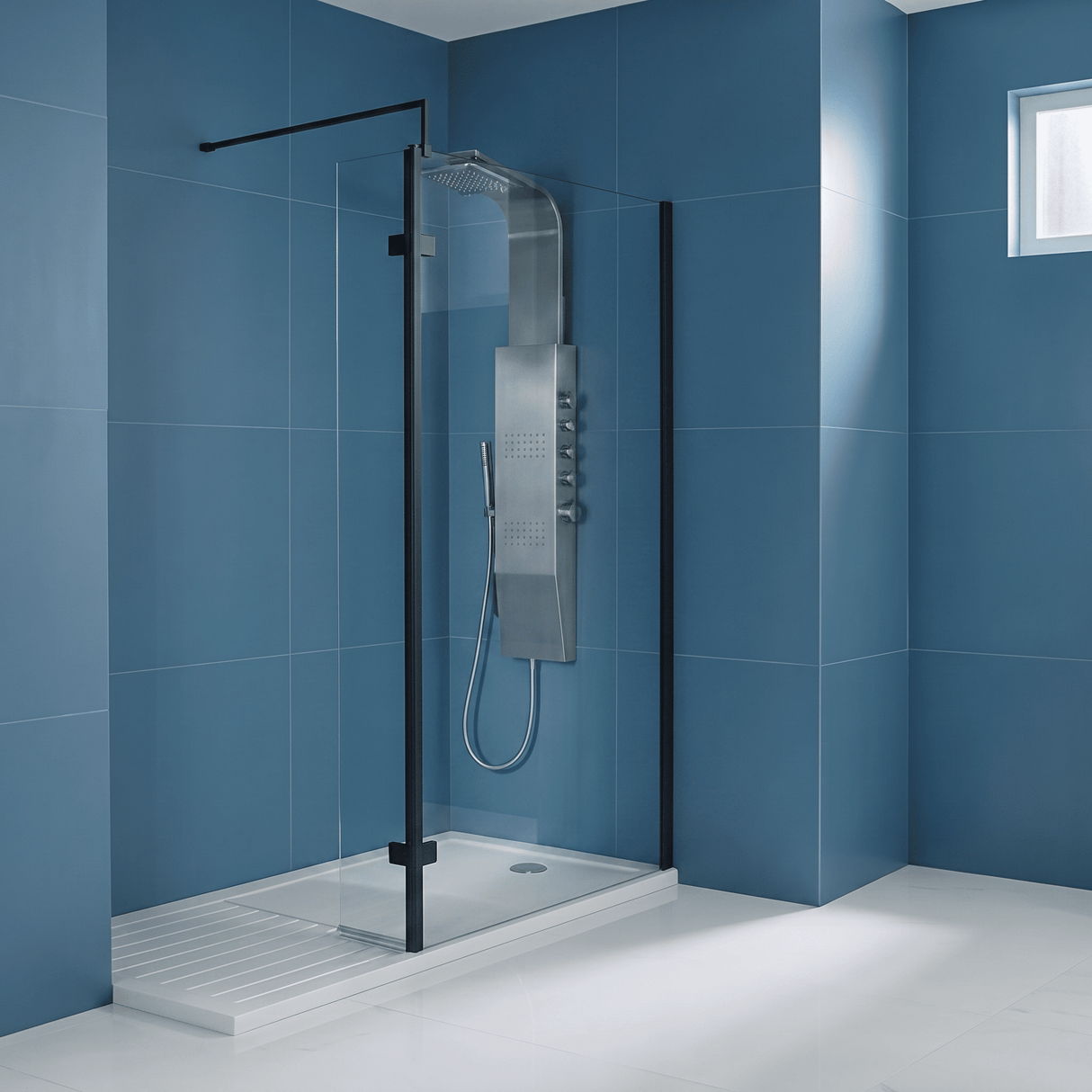 [BEWS18030BP] Balterley 8mm Toughened Safety Glass Hinged Return Screen with Support Bar: 300mm x 1850mm, Black - Silo
