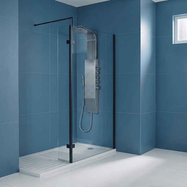 [BEWS18030BP] Balterley 8mm Toughened Safety Glass Hinged Return Screen with Support Bar: 300mm x 1850mm, Black - Silo