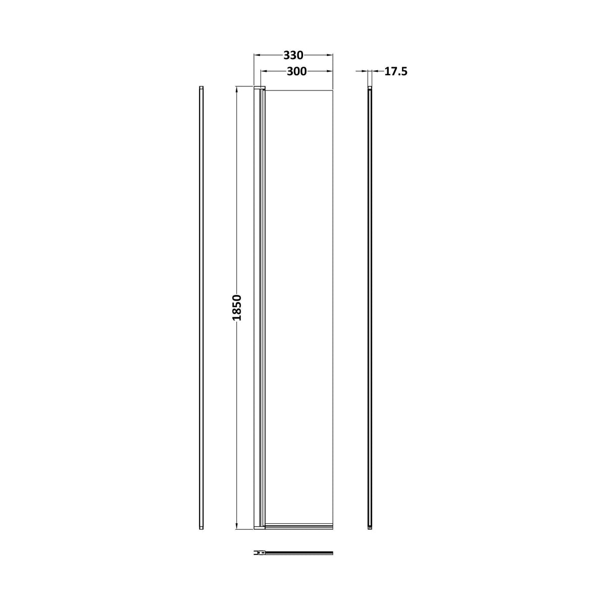 [BEWS18030CBP] 8mm Toughened Safety Glass Hinged Return Screen, 1850 x 300mm - Choice of Colour - Technical Drawing