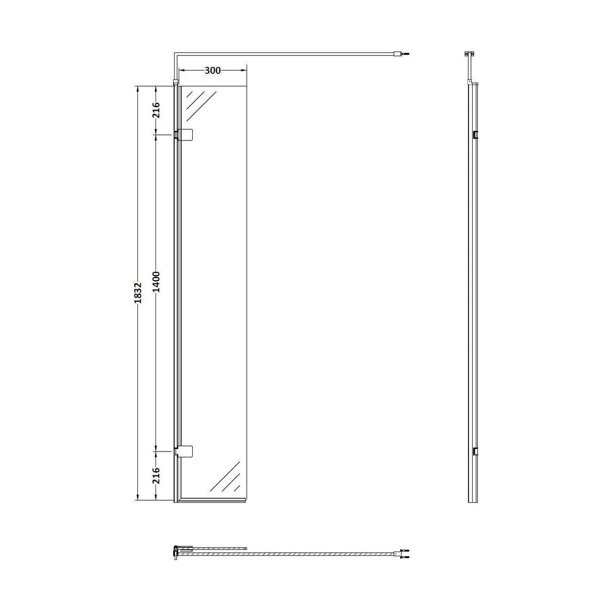 [BEWS18030GM] 300x1850mm Wetroom Swing Screen - Technical Drawing
