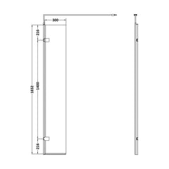 [BEWS18030] Balterley 8mm Toughened Safety Glass Hinged Return Screen with Support Bar: 300mm x 1850mm, Black - Technical Drawing