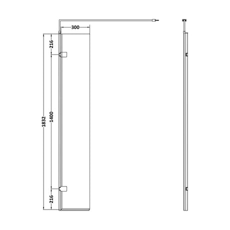 [BEWS18030] Balterley 8mm Toughened Safety Glass Hinged Return Screen with Support Bar: 300mm x 1850mm, Black - Technical Drawing