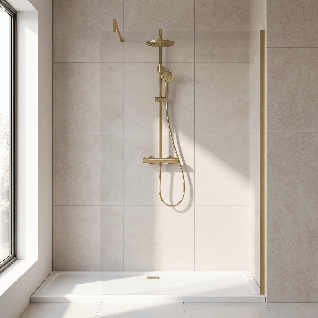 [BEWS18100BB] Balterley 8mm Toughened Safety Glass Wetroom Screen with Support Bar - Choice of Size and Profile Finish - Lifestyle 1