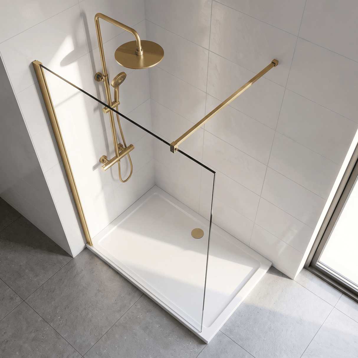 [BEWS18100BB] Balterley 8mm Toughened Safety Glass Wetroom Screen with Support Bar - Choice of Size and Profile Finish - Lifestyle 2
