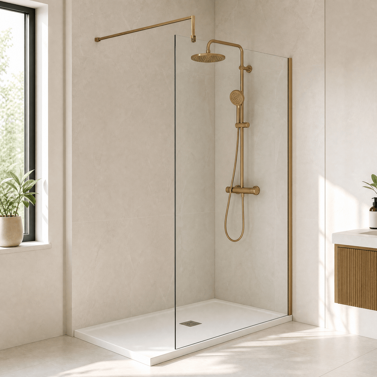 [BEWS18100BB] Balterley 8mm Toughened Safety Glass Wetroom Screen with Support Bar - Choice of Size and Profile Finish - Lifestyle 3