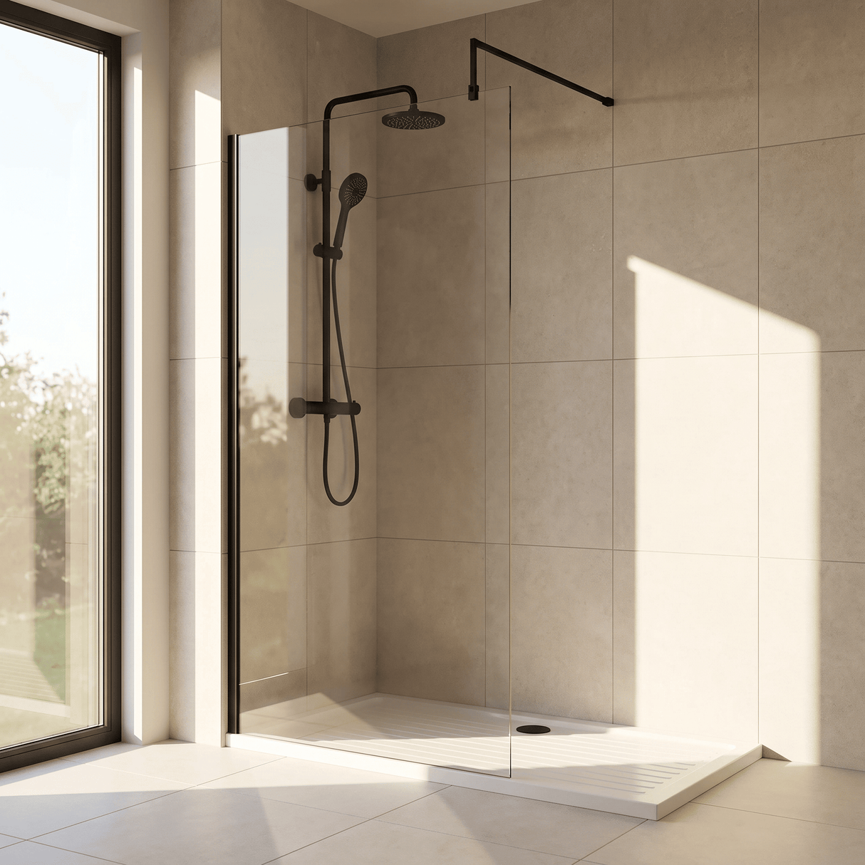 [BEWS18100BP] Balterley 8mm Toughened Safety Glass Wetroom Screen with Support Bar - Choice of Size and Profile Finish - Lifestyle 1