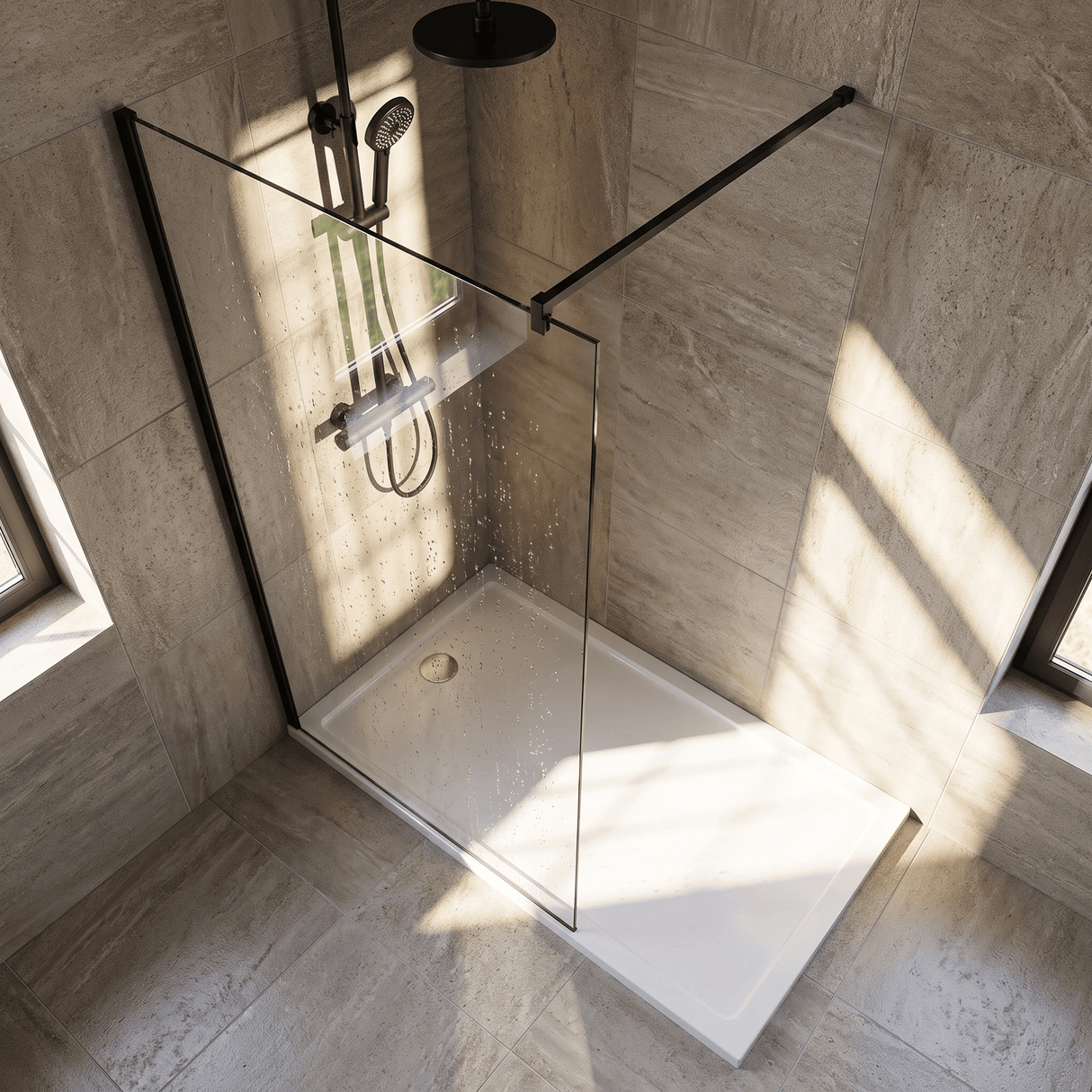 [BEWS18100BP] Balterley 8mm Toughened Safety Glass Wetroom Screen with Support Bar - Choice of Size and Profile Finish - Lifestyle 2