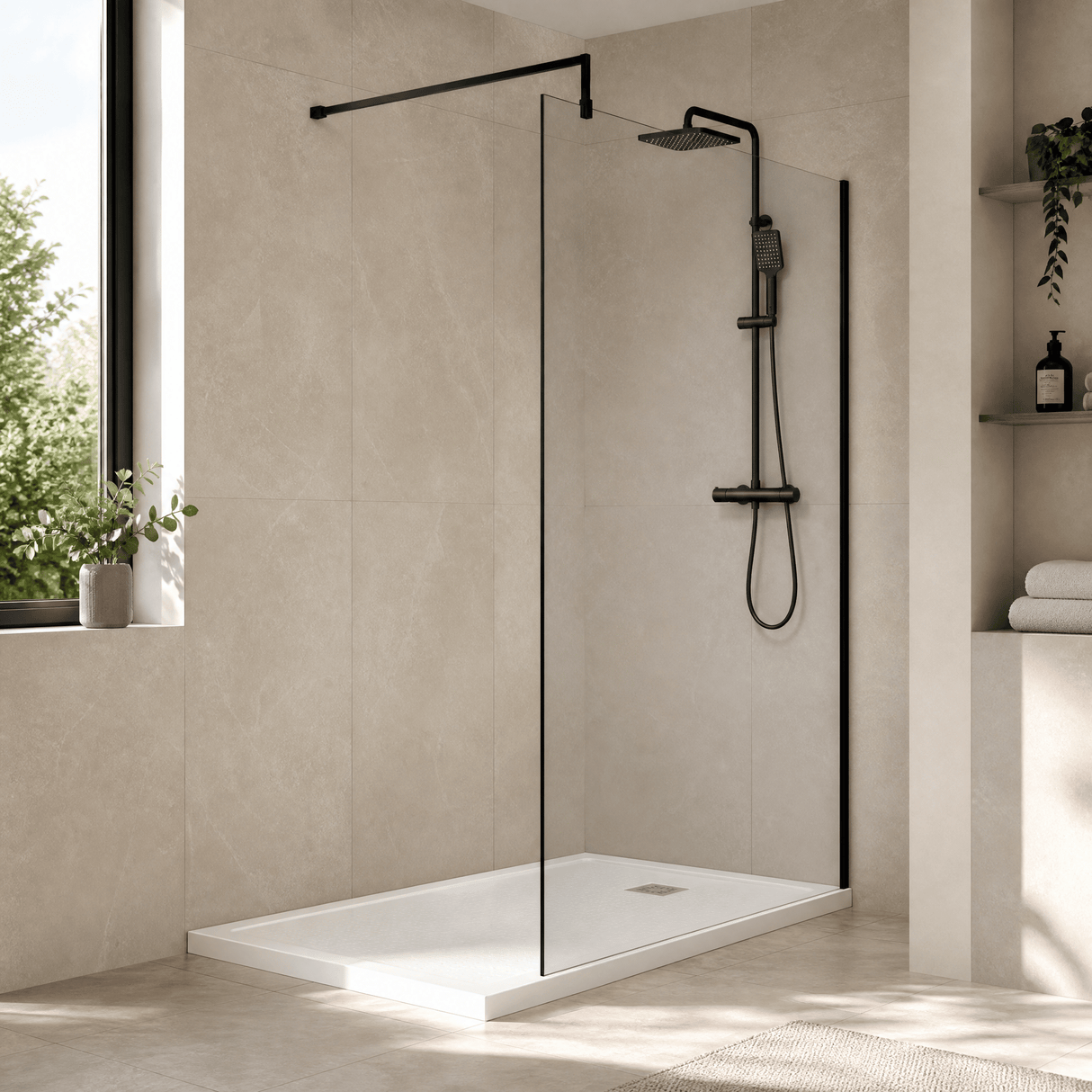 [BEWS18100BP] Balterley 8mm Toughened Safety Glass Wetroom Screen with Support Bar - Choice of Size and Profile Finish - Lifestyle 3