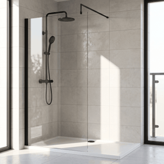 [BEWS18100BP] Balterley 8mm Toughened Safety Glass Wetroom Screen with Support Bar - Choice of Size and Profile Finish - Silo
