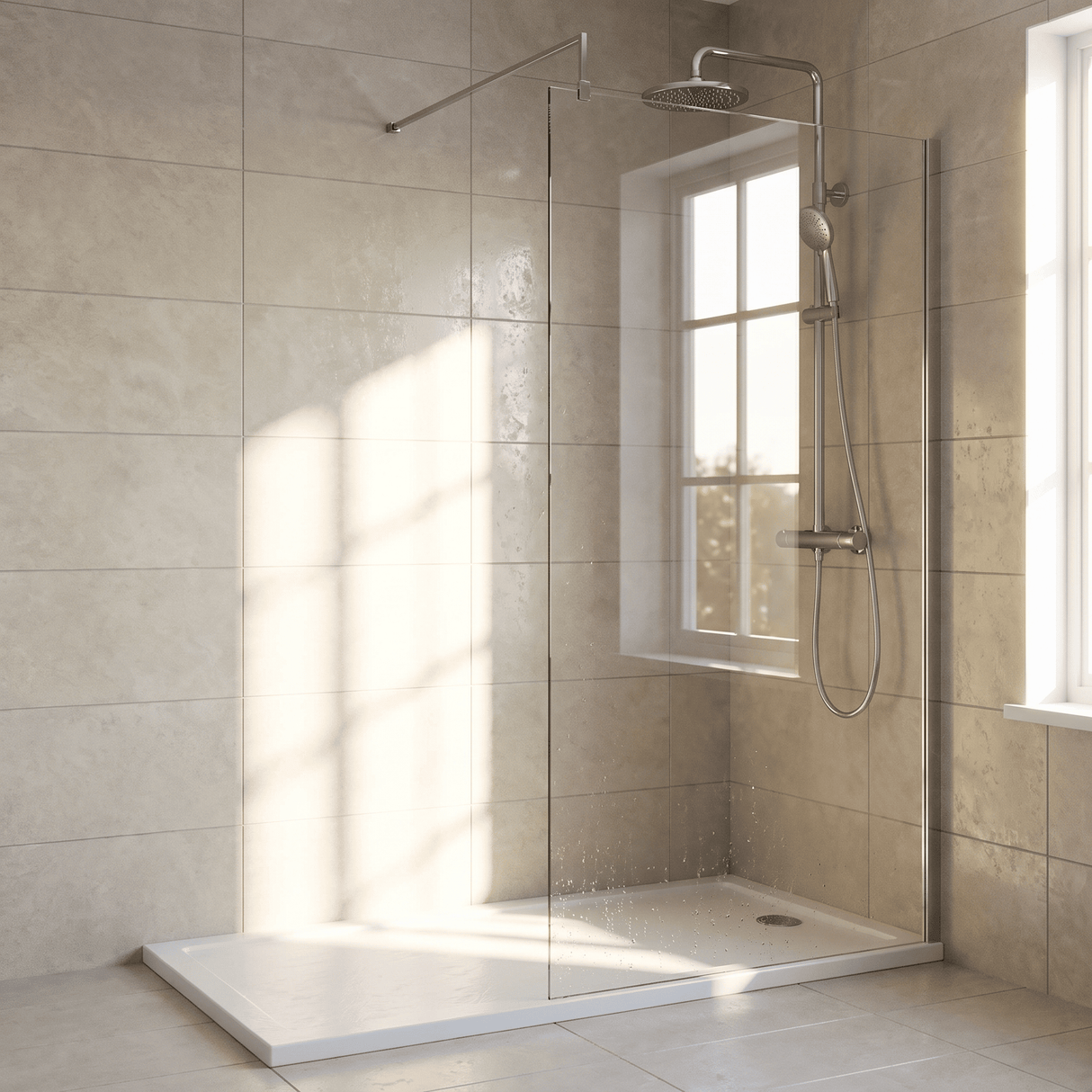 [BEWS18100] Balterley 8mm Toughened Safety Glass Wetroom Screen with Support Bar - Choice of Size and Profile Finish - Lifestyle 1