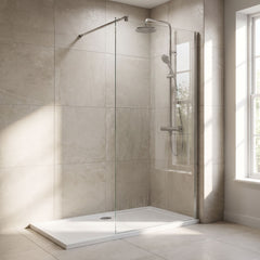 [BEWS18100] Balterley 8mm Toughened Safety Glass Wetroom Screen with Support Bar - Choice of Size and Profile Finish - Lifestyle 3