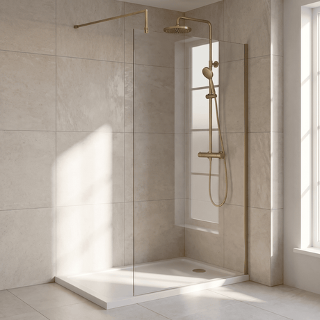 [BEWS18110BB] Drakelow 8mm Toughened Safety Glass Wetroom Screen with Support Bar, Choice of Size & Finish - Silo