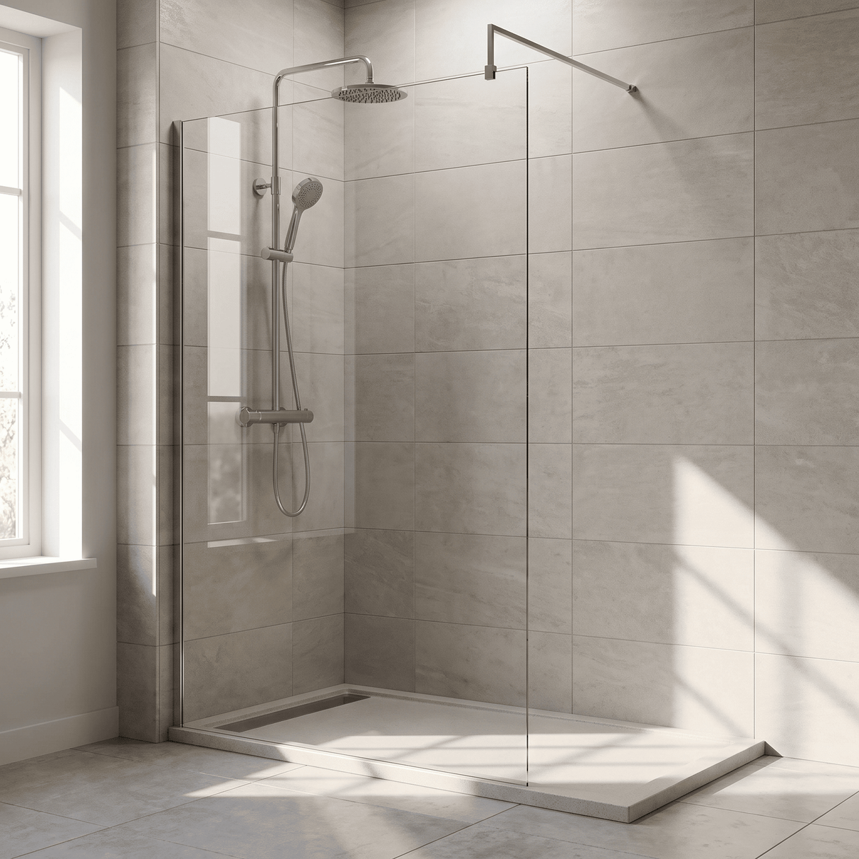[BEWS18110] Drakelow 8mm Toughened Safety Glass Wetroom Screen with Support Bar, Choice of Size & Finish - Silo