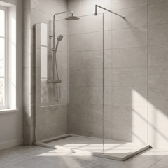 [BEWS18110] Drakelow 8mm Toughened Safety Glass Wetroom Screen with Support Bar, Choice of Size & Finish - Silo