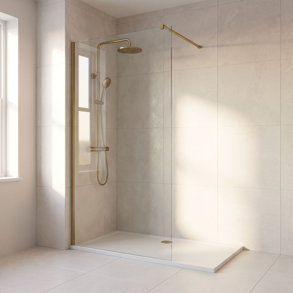 [BEWS18120BB] Balterley 8mm Toughened Safety Glass Wetroom Screen with Support Bar - Choice of Size and Profile Finish - Lifestyle 1