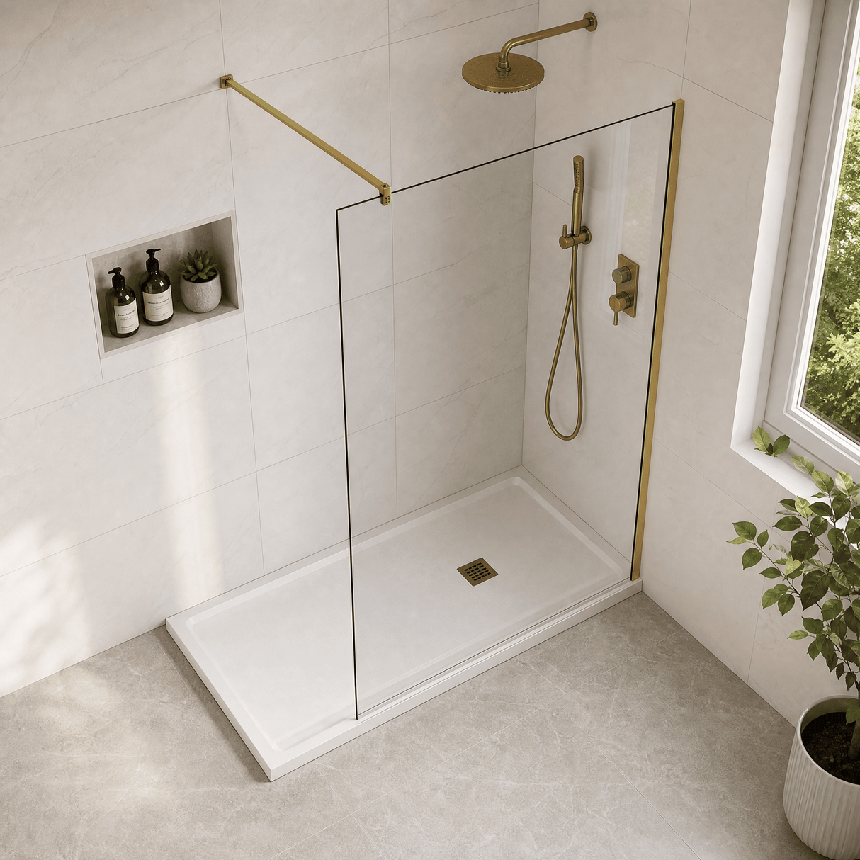 [BEWS18120BB] Balterley 8mm Toughened Safety Glass Wetroom Screen with Support Bar - Choice of Size and Profile Finish - Lifestyle 2