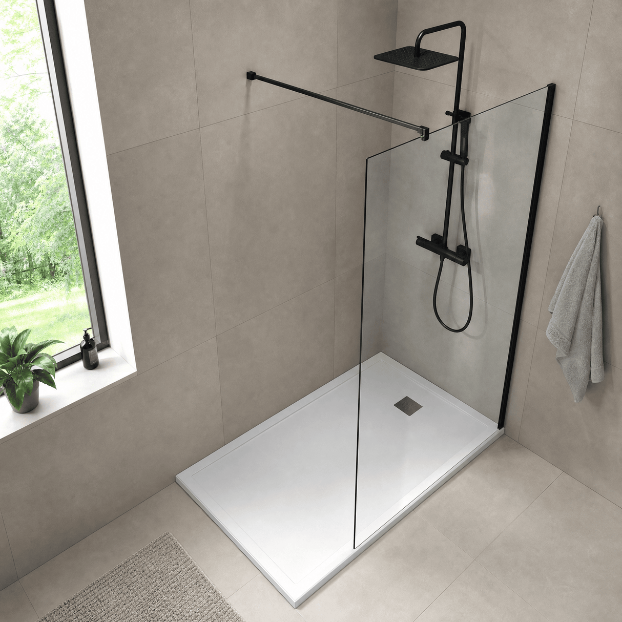 [BEWS18120BP] Balterley 8mm Toughened Safety Glass Wetroom Screen with Support Bar - Choice of Size and Profile Finish - Lifestyle 2