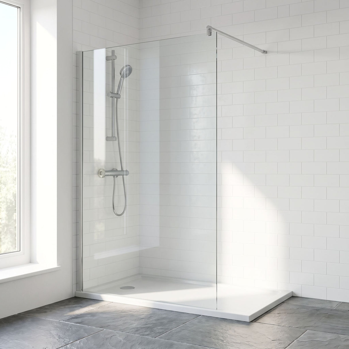 [BEWS18120] Balterley 8mm Toughened Safety Glass Wetroom Screen with Support Bar - Choice of Size and Profile Finish - Lifestyle 1
