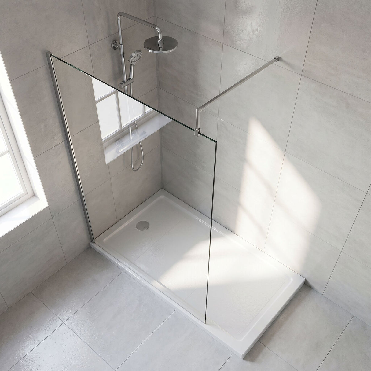 [BEWS18120] Balterley 8mm Toughened Safety Glass Wetroom Screen with Support Bar - Choice of Size and Profile Finish - Lifestyle 2