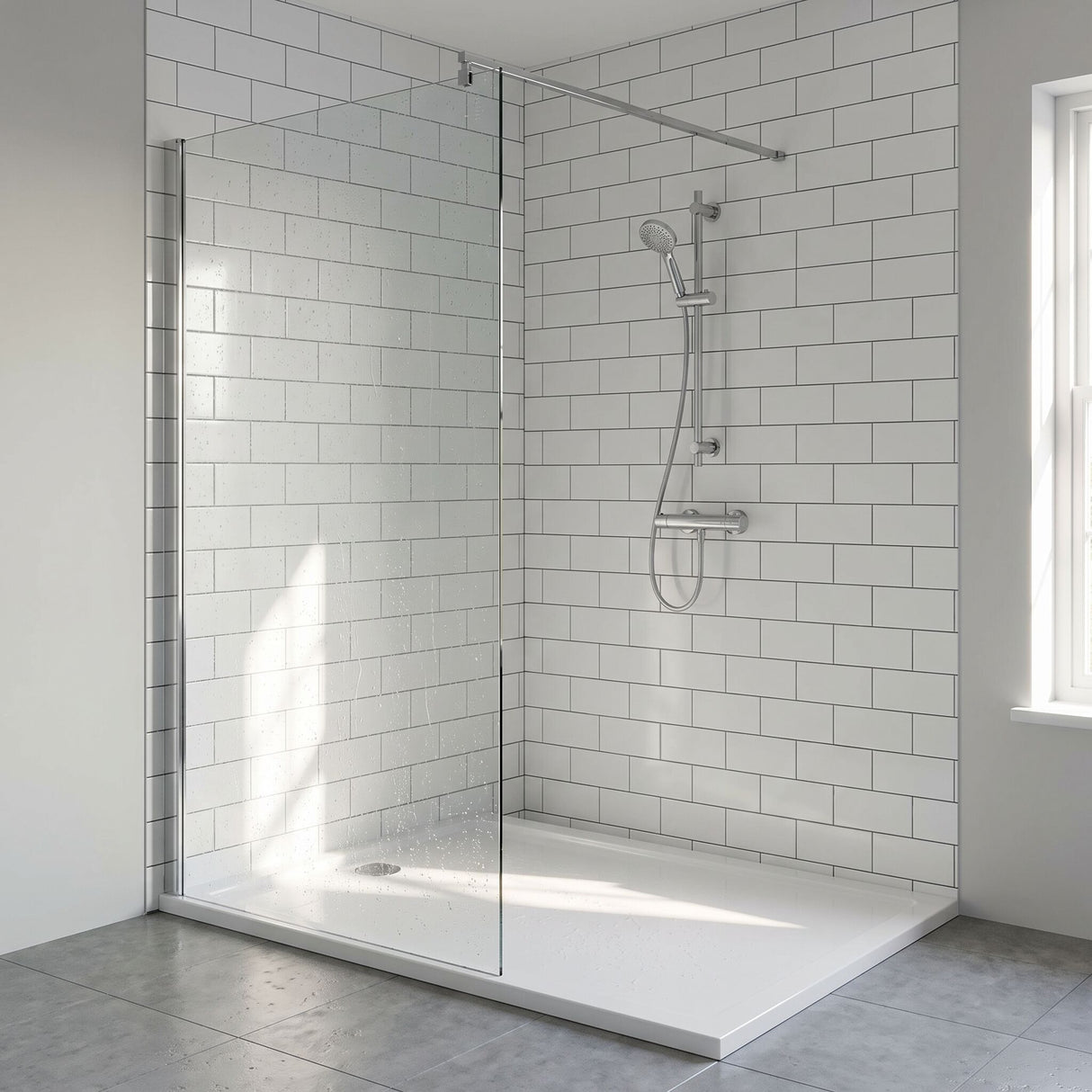 [BEWS18120] Balterley 8mm Toughened Safety Glass Wetroom Screen with Support Bar - Choice of Size and Profile Finish - Lifestyle 3