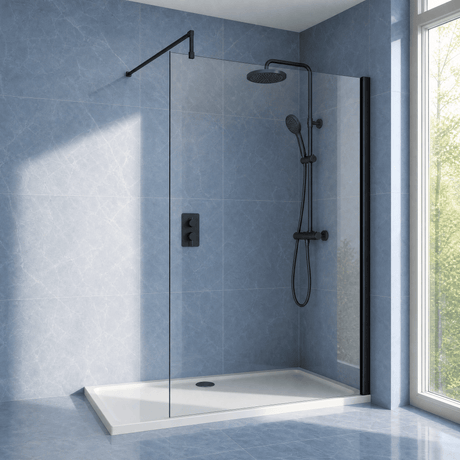 [BEWS18140BP] Drakelow 8mm Toughened Safety Glass Wetroom Screen with Support Bar, Choice of Size & Finish - Silo