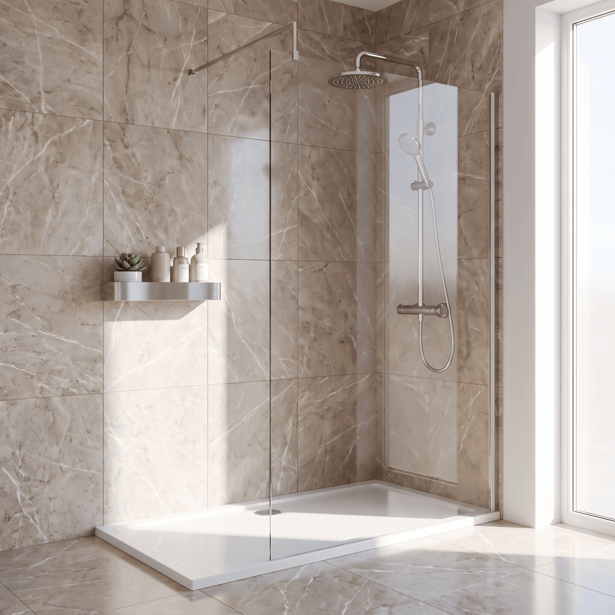 [BEWS18140] Drakelow 8mm Toughened Safety Glass Wetroom Screen with Support Bar, Choice of Size & Finish - Silo