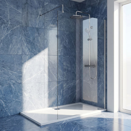 [BEWS18140] Drakelow 8mm Toughened Safety Glass Wetroom Screen with Support Bar, Choice of Size & Finish - Silo