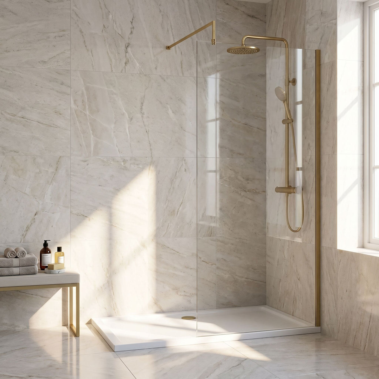 [BEWS18700BB] Balterley 8mm Toughened Safety Glass Wetroom Screen with Support Bar - Choice of Size and Profile Finish - Lifestyle 1