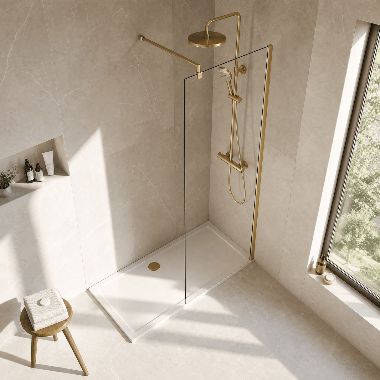 [BEWS18700BB] Balterley 8mm Toughened Safety Glass Wetroom Screen with Support Bar - Choice of Size and Profile Finish - Lifestyle 2