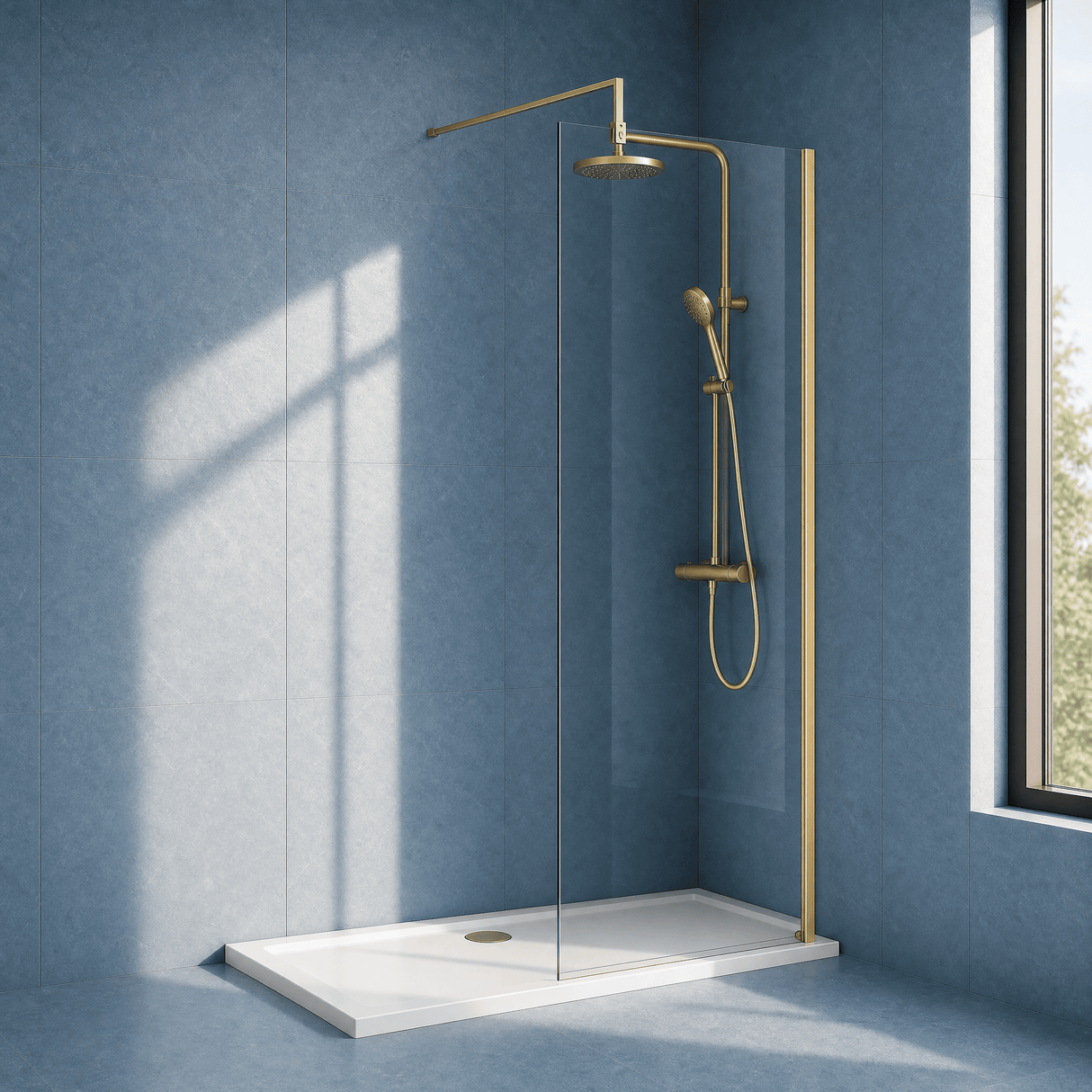 [BEWS18700BB] Balterley 8mm Toughened Safety Glass Wetroom Screen with Support Bar - Choice of Size and Profile Finish - Silo