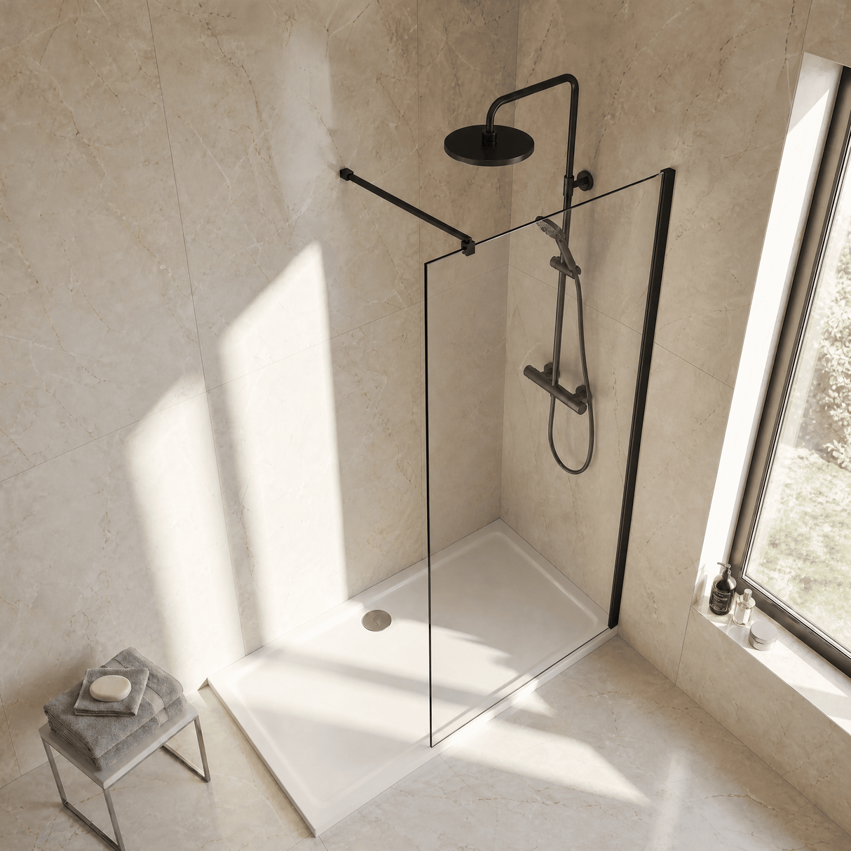 [BEWS18700BP] Balterley 8mm Toughened Safety Glass Wetroom Screen with Support Bar - Choice of Size and Profile Finish - Lifestyle 2
