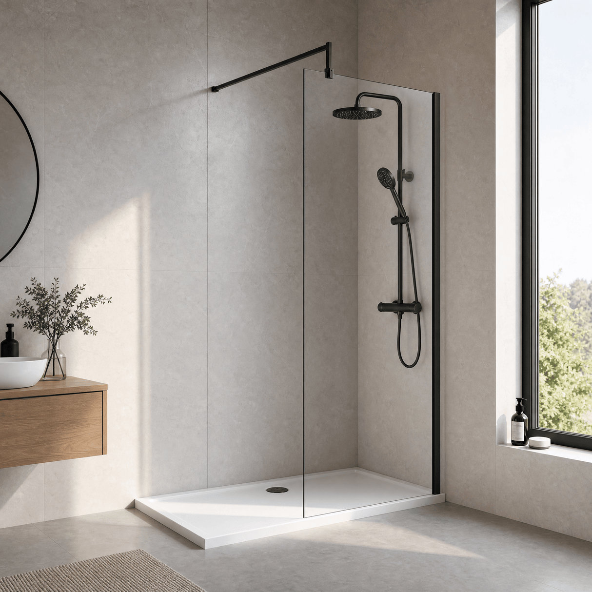 [BEWS18700BP] Balterley 8mm Toughened Safety Glass Wetroom Screen with Support Bar - Choice of Size and Profile Finish - Lifestyle 3