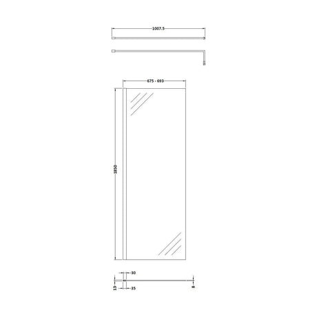 [BEWS18700] Balterley 8mm Toughened Safety Glass Wetroom Screen with Support Bar: 700mm x 1850mm, Polished Chrome - Technical Drawing