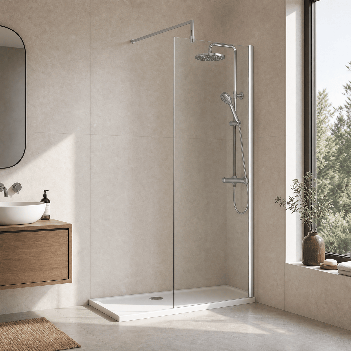 [BEWS18700] Balterley 8mm Toughened Safety Glass Wetroom Screen with Support Bar - Choice of Size and Profile Finish - Lifestyle 1