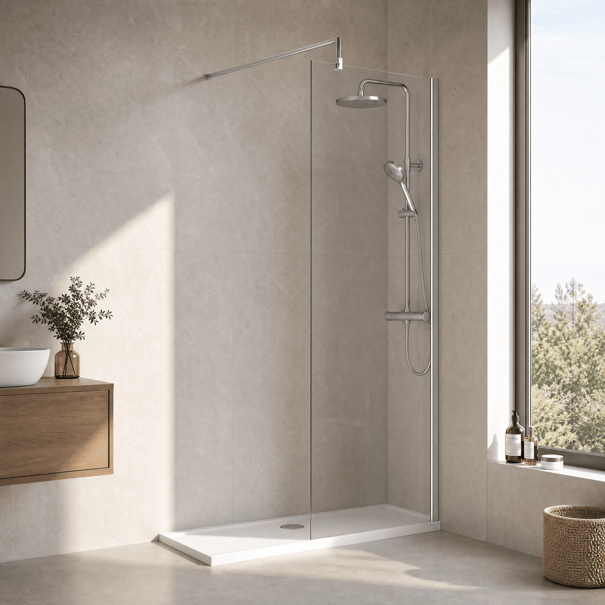 [BEWS18700] Balterley 8mm Toughened Safety Glass Wetroom Screen with Support Bar - Choice of Size and Profile Finish - Lifestyle 3