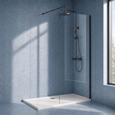 [BEWS18760BP] Drakelow 8mm Toughened Safety Glass Wetroom Screen with Support Bar, Choice of Size & Finish - Silo