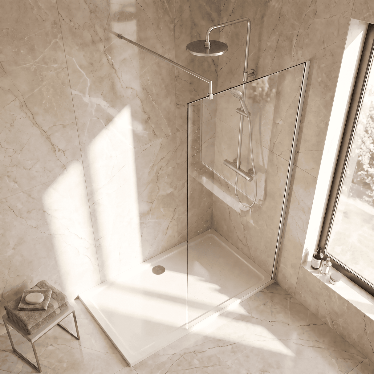 [BEWS18760] Drakelow 8mm Toughened Safety Glass Wetroom Screen with Support Bar, Choice of Size & Finish