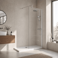 [BEWS18760] Drakelow 8mm Toughened Safety Glass Wetroom Screen with Support Bar, Choice of Size & Finish