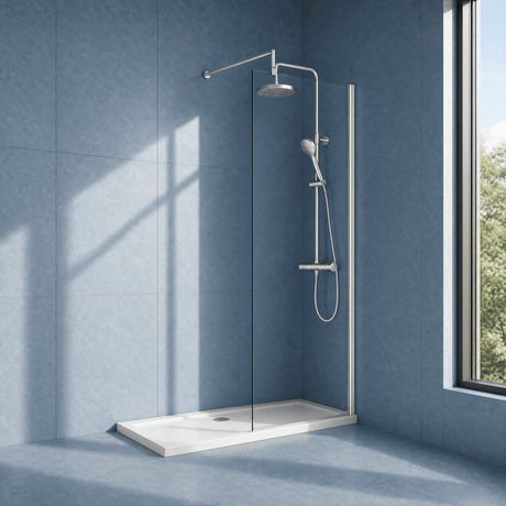 [BEWS18760] Drakelow 8mm Toughened Safety Glass Wetroom Screen with Support Bar, Choice of Size & Finish - Silo