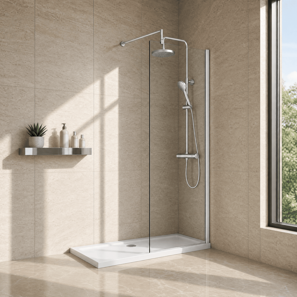 [BEWS18760] Drakelow 8mm Toughened Safety Glass Wetroom Screen with Support Bar, Choice of Size & Finish - Silo
